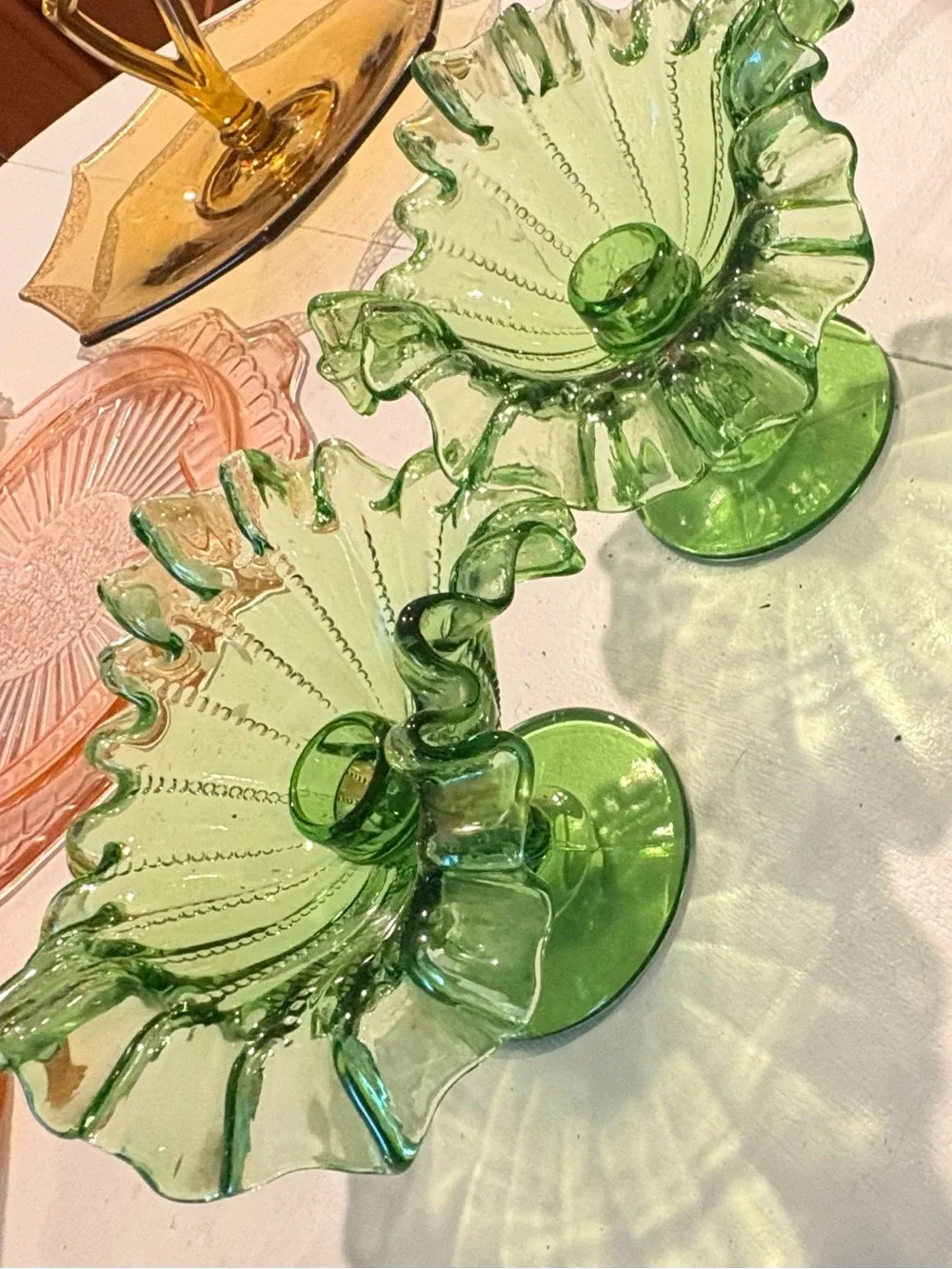 VintageAssorted Colored Glass Serving Dishes - Pink, Amber, Green, Purple, Clear